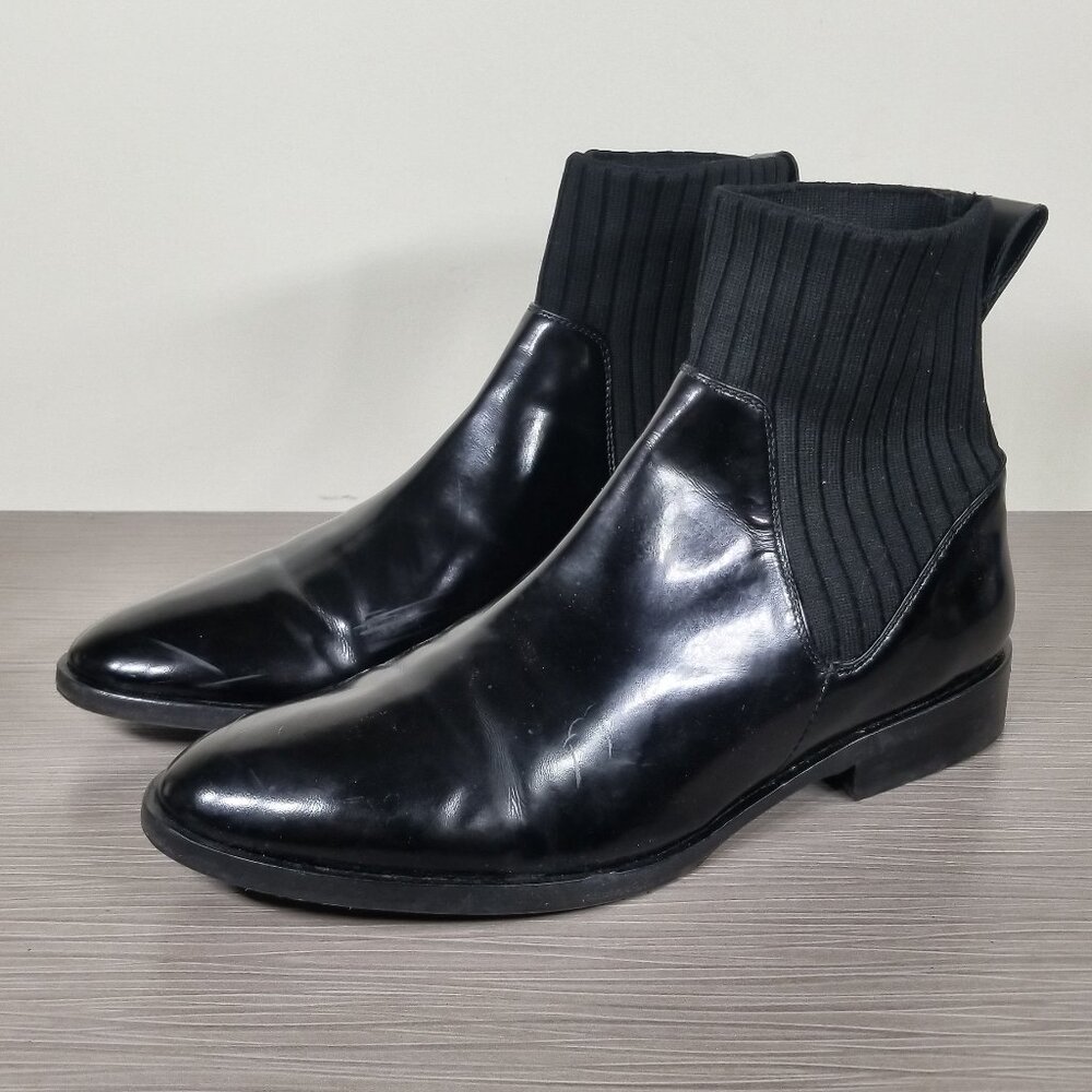 Vince Perlow Ankle Boot, Black Leather & Fabric, Womens Size 9 M / 39